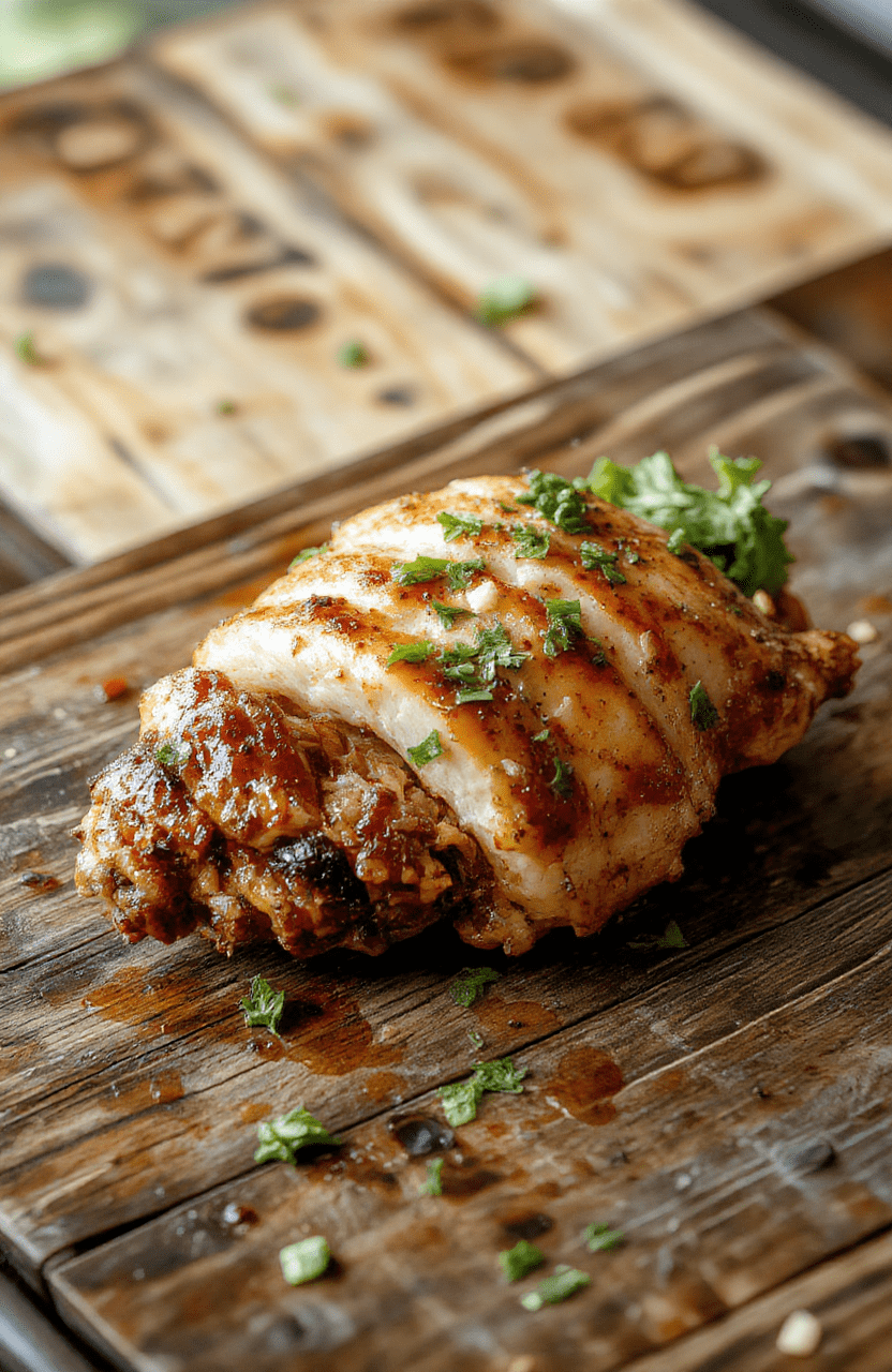 A plate of Alice Springs Chicken featuring golden-brown baked chicken breasts topped with melted cheese, crispy bacon strips, and a savory honey mustard glaze, garnished with fresh herbs, served on a rustic wooden table with a side of roasted vegetables, vibrant colors, and a cozy culinary presentation.