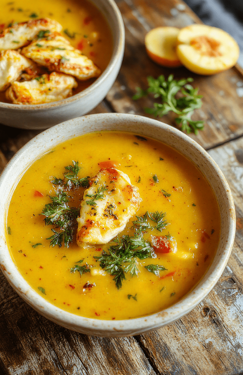 A vibrant bowl of golden turmeric chicken soup topped with fresh herbs and cracked pepper, surrounded by slices of chicken, turmeric root, and colorful vegetables on a rustic wooden table.