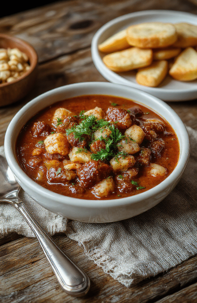 A rustic bowl of rich German goulash filled with tender chunks of beef, vibrant red paprika sauce, garnished with fresh herbs, served alongside crusty bread on a wooden table with natural light highlighting the textures and colors.