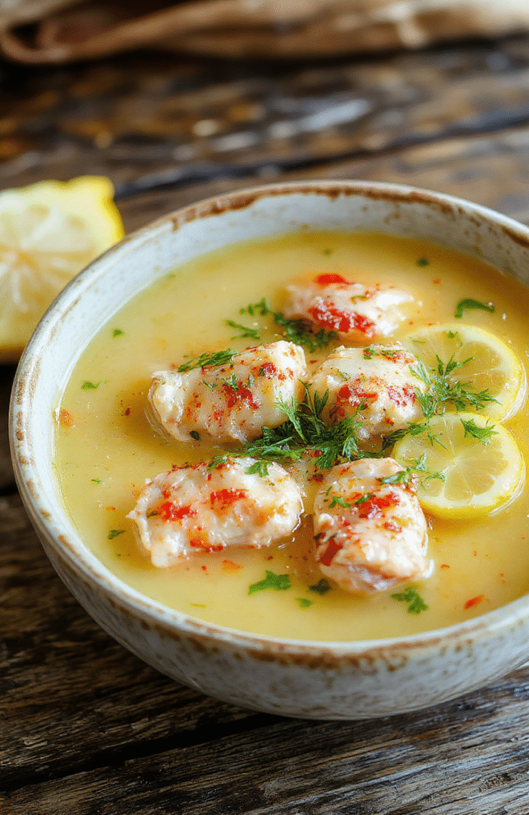 A vibrant bowl of Greek lemon chicken soup featuring tender shredded chicken, bright yellow lemon-infused broth, garnished with fresh herbs and a lemon wedge, served on a rustic wooden table with a sprinkle of chopped parsley and a slice of crusty bread on the side, steam rising gently, creating a warm and inviting atmosphere.