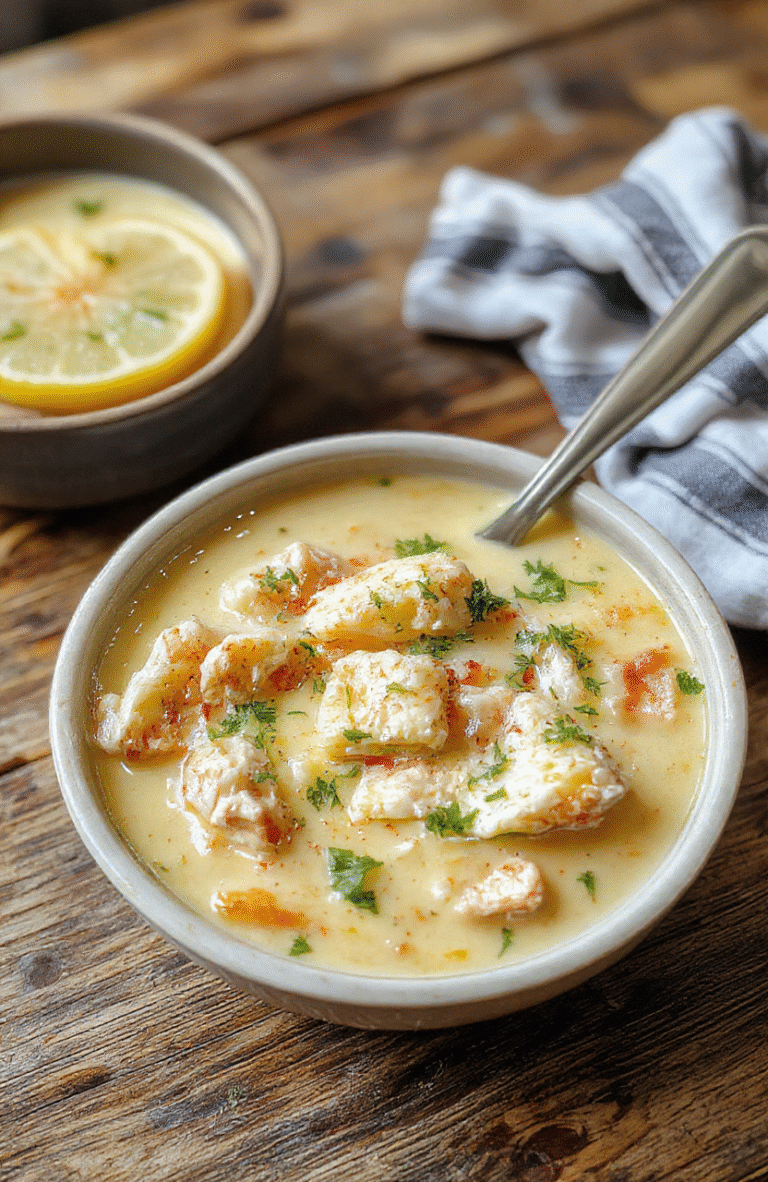 A vibrant bowl of Lemon Chicken Orzo Soup featuring tender chicken pieces, al dente orzo pasta, bright lemon slices, fresh herbs, and a flavorful broth, served in a rustic white bowl with a lemon wedge garnish on a wooden table.