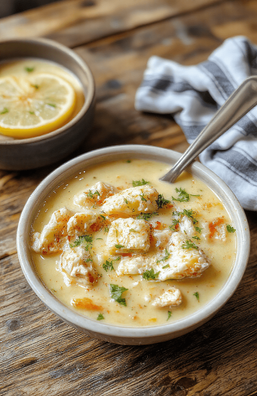 A vibrant bowl of Lemon Chicken Orzo Soup featuring tender chicken pieces, al dente orzo pasta, bright lemon slices, fresh herbs, and a flavorful broth, served in a rustic white bowl with a lemon wedge garnish on a wooden table.