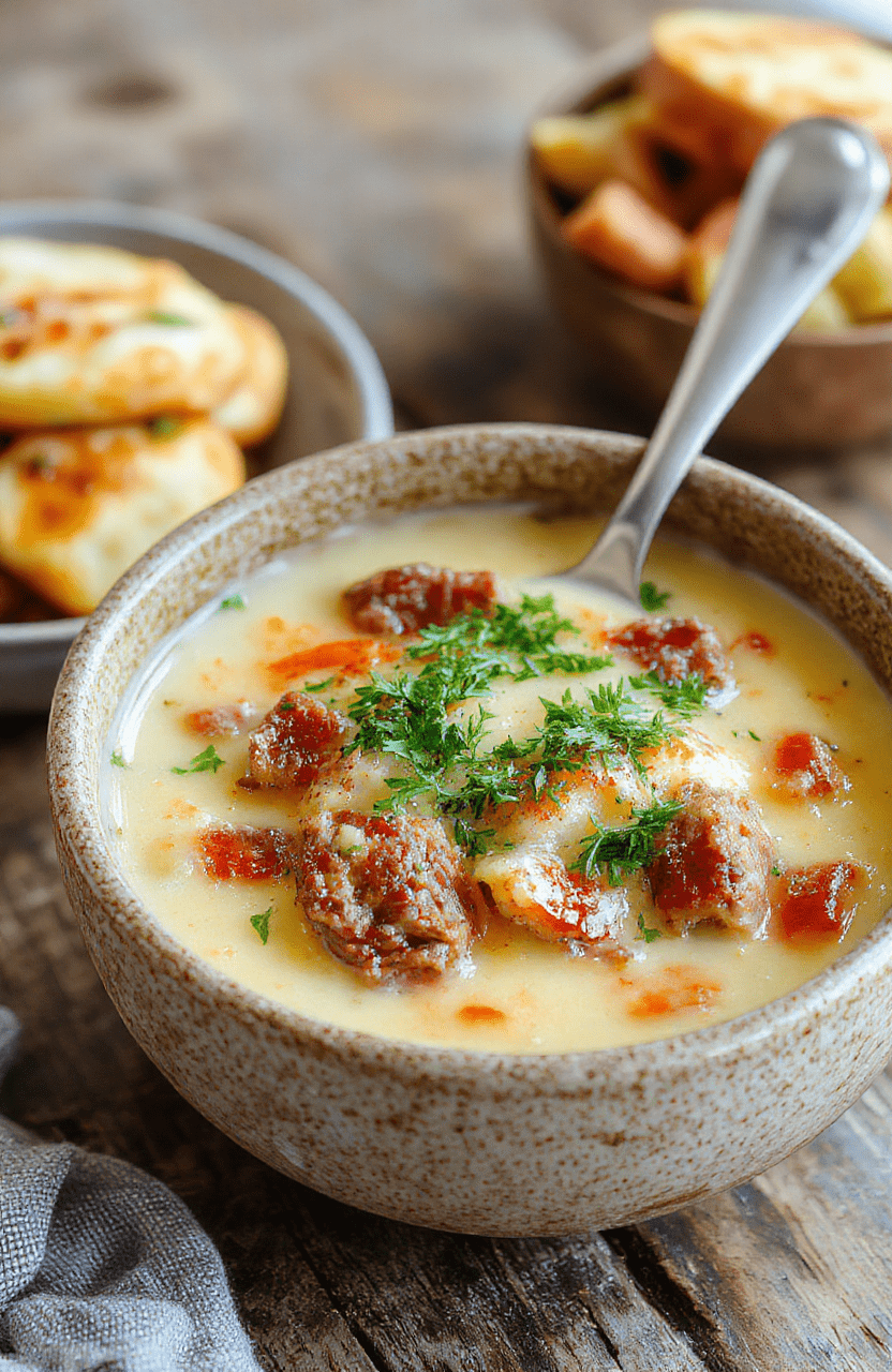 A vibrant bowl of cheesy cheesesteak potato soup featuring creamy broth, chopped grilled steak, melted cheese, and sliced potatoes garnished with fresh herbs, styled on a rustic wooden table with rustic bread beside it.