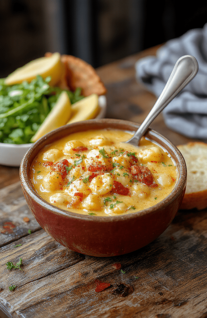 A vibrant bowl of cheesy one-pot macaroni cheeseburger soup featuring creamy broth, tender pasta, chopped cheeseburgers, melted cheese, and fresh herbs, styled casually on a rustic wooden table with a sprig of parsley garnish.