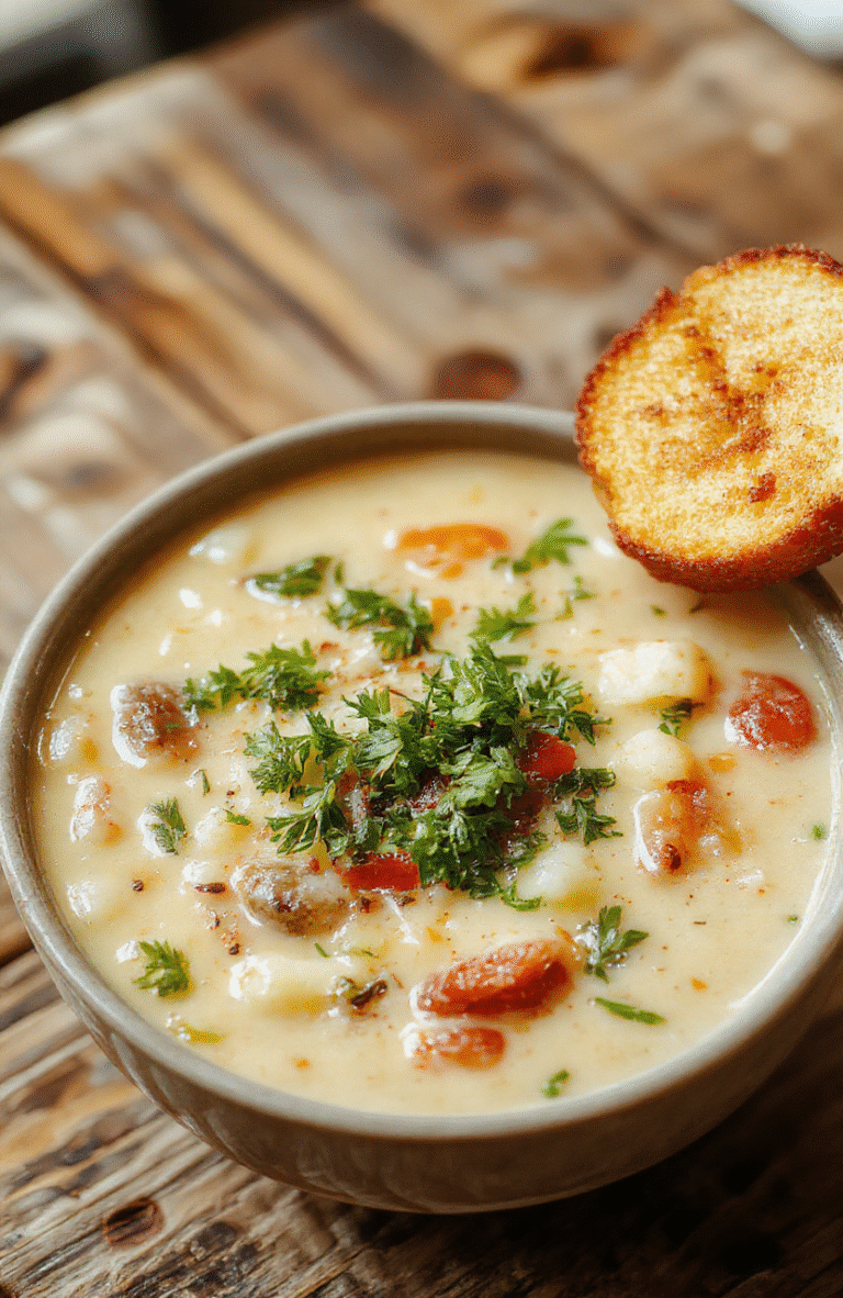 A warm bowl of wild rice soup with hearty grains, colorful vegetables, and herbs on a rustic wooden table, styled with a spoon and a napkin, rich and inviting textures.