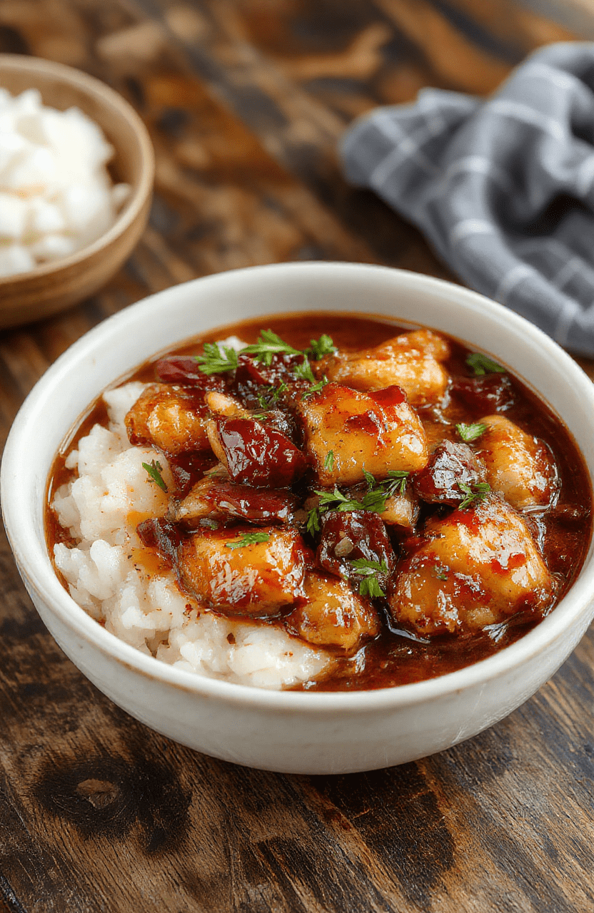 A vibrant plate of caramelised soy chicken nestled in a clear garlic ginger broth, garnished with fresh herbs, served alongside fluffy white rice, vibrant greens, and a textured wooden surface background.