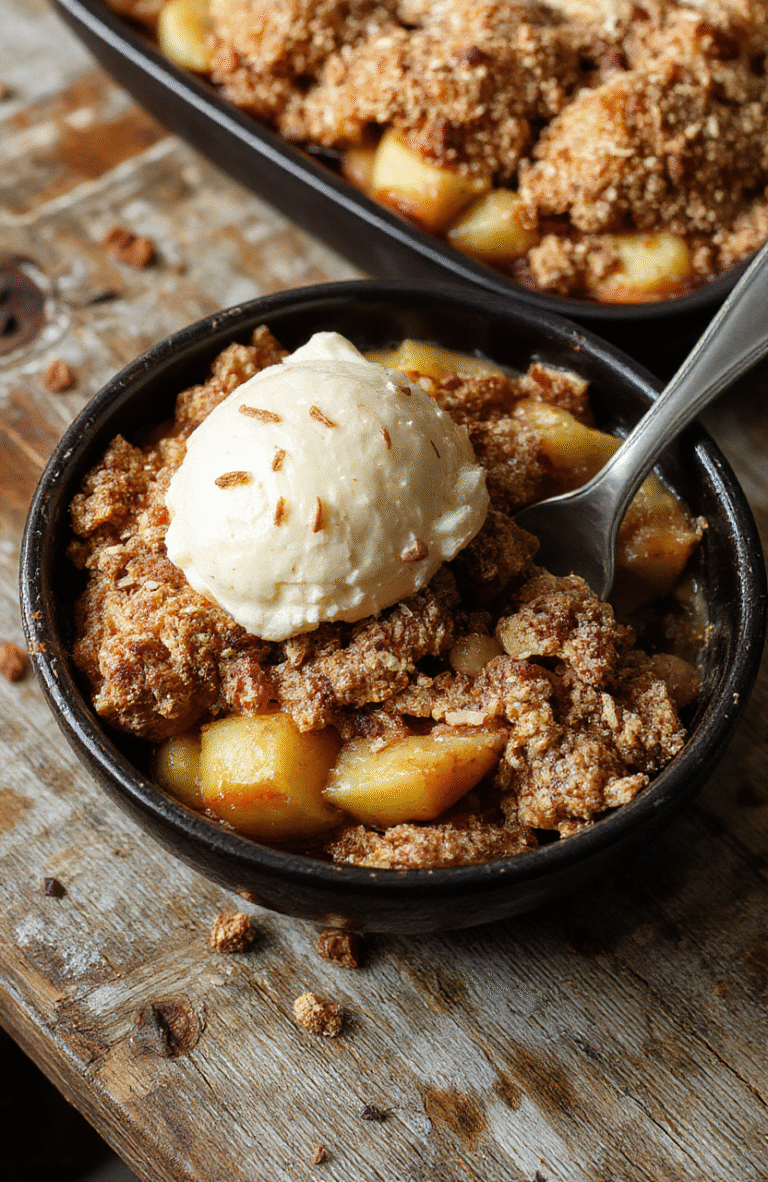 A warm apple crisp served in a rustic ceramic dish, topped with golden buttery breadcrumbs, with steamy caramelized apple slices visible, surrounded by autumn leaves and a cinnamon stick, styled in a cozy kitchen setting.
