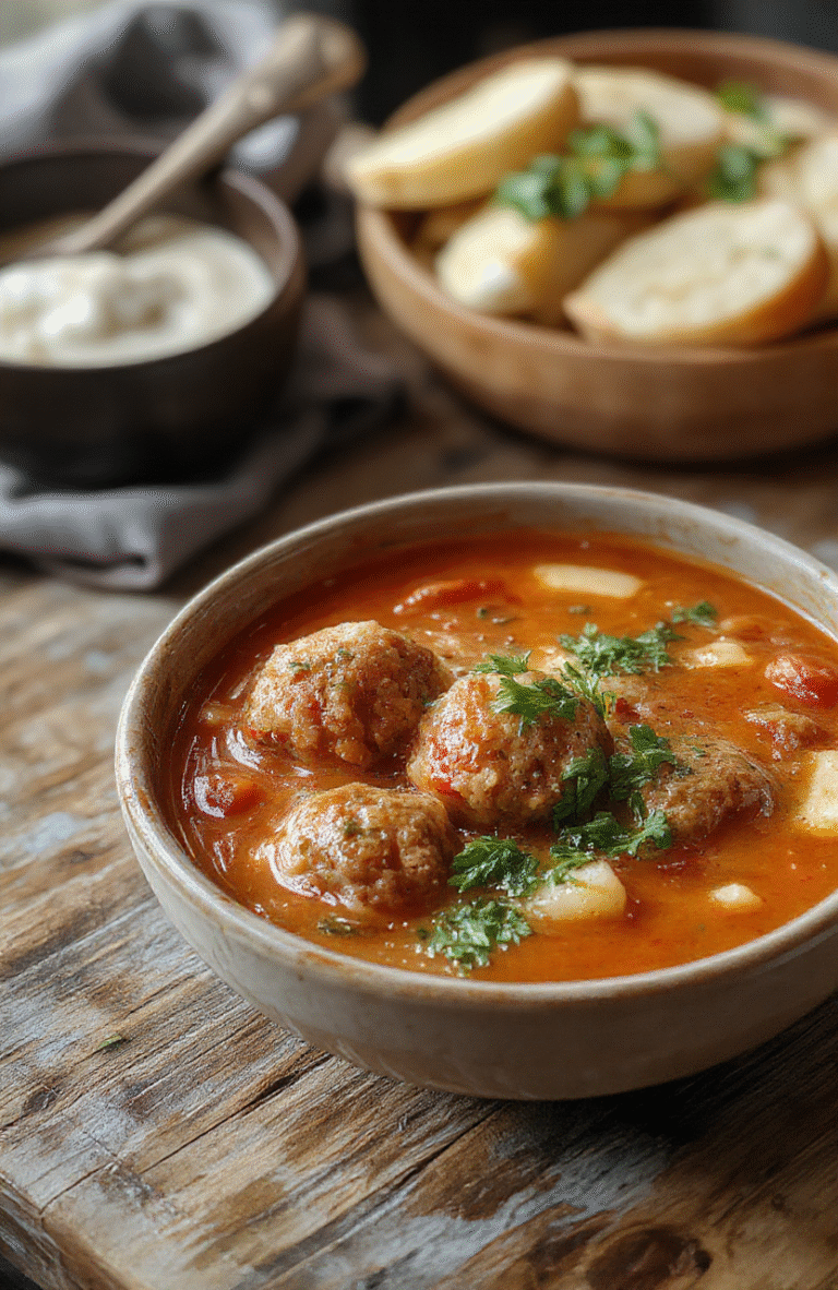 A vibrant bowl of Italian meatball soup featuring golden-brown meatballs, fresh herbs, and melted cheese on top, with a rich tomato broth and chopped vegetables, styled simply on a rustic wooden surface with a background of fresh ingredients.
