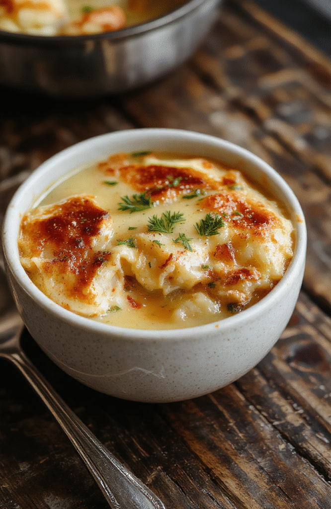 A warm bowl of chicken pot pie soup garnished with fresh herbs, featuring chunks of chicken, carrots, peas, and flaky pastry pieces in a creamy broth, styled with a rustic wooden table and soft natural lighting.