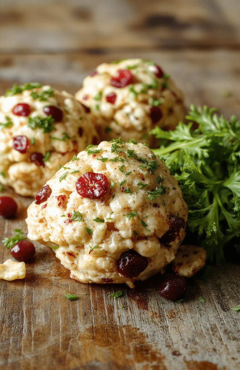 A close-up view of golden-brown cranberry turkey stuffing balls arranged on a white plate, garnished with sprigs of fresh herbs and vibrant cranberries, showcasing a crispy exterior and moist filling, styled with seasonal decor in the background for a festive holiday presentation.
