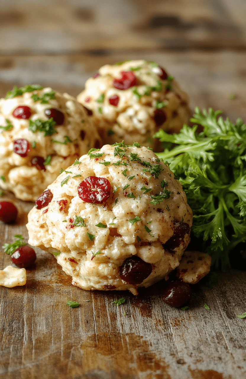 A close-up view of golden-brown cranberry turkey stuffing balls arranged on a white plate, garnished with sprigs of fresh herbs and vibrant cranberries, showcasing a crispy exterior and moist filling, styled with seasonal decor in the background for a festive holiday presentation.