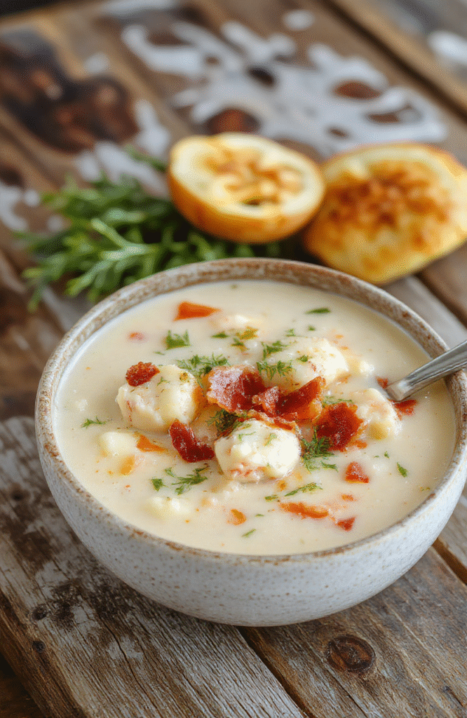 A bowl of creamy chicken bacon gnocchi soup featuring golden gnocchi, crispy bacon bits, tender chicken pieces, and fresh herbs on a neutral-colored plate, set against a rustic wooden table with a spoon resting beside the bowl, warm lighting enhances the rich textures and inviting colors.