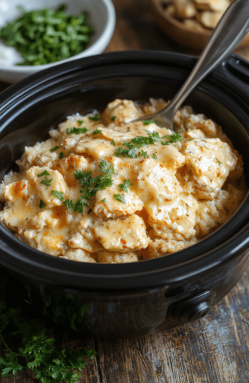 A comforting bowl of creamy chicken and rice featuring tender shredded chicken, fluffy rice, and a rich, velvety sauce garnished with herbs, presented on a rustic white plate with a fresh sprig of parsley, surrounded by a cozy kitchen setting, warm lighting, and a textured wooden surface.