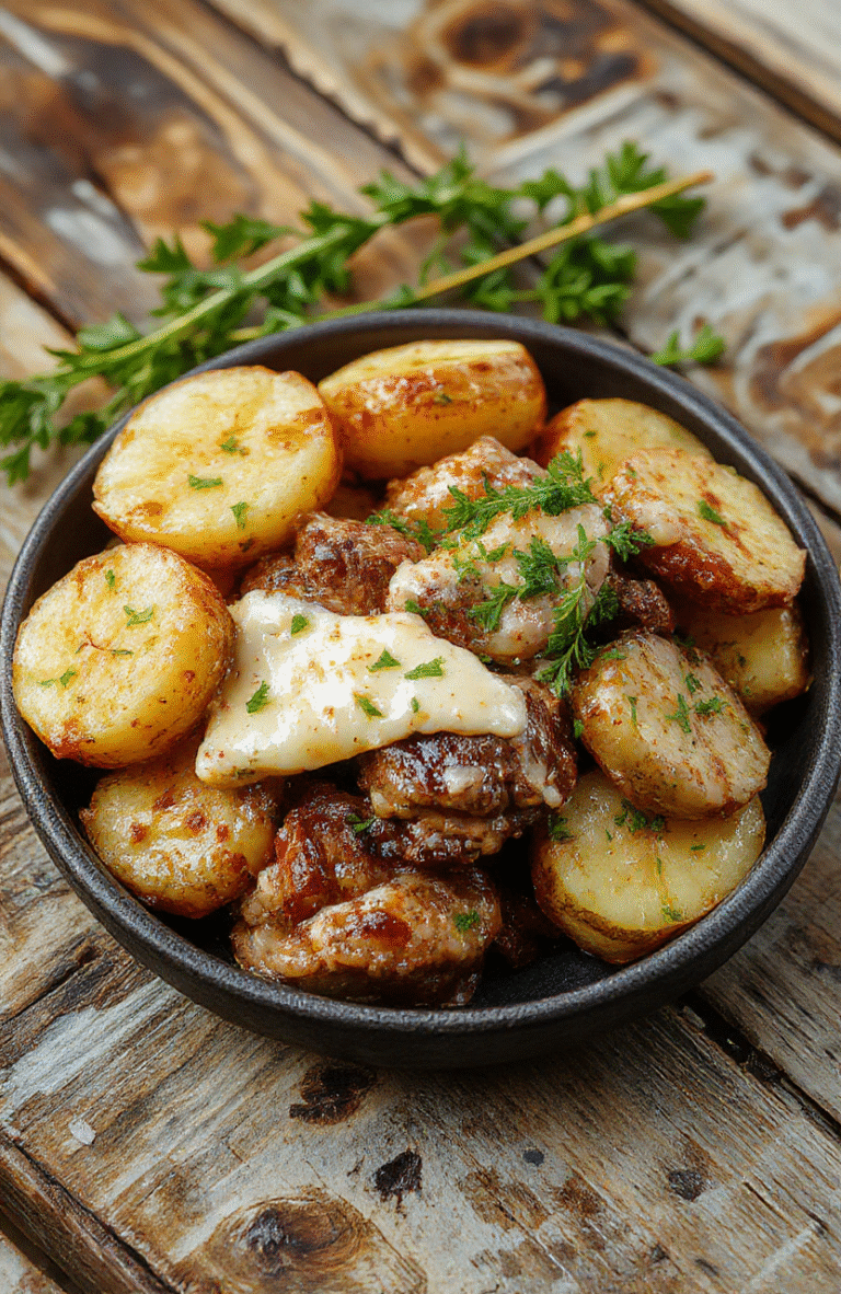 A plate of melt-in-your-mouth beef bites glazed in rich garlic butter, surrounded by golden roasted potatoes, garnished with fresh herbs, styled on a rustic wooden table with natural soft lighting.