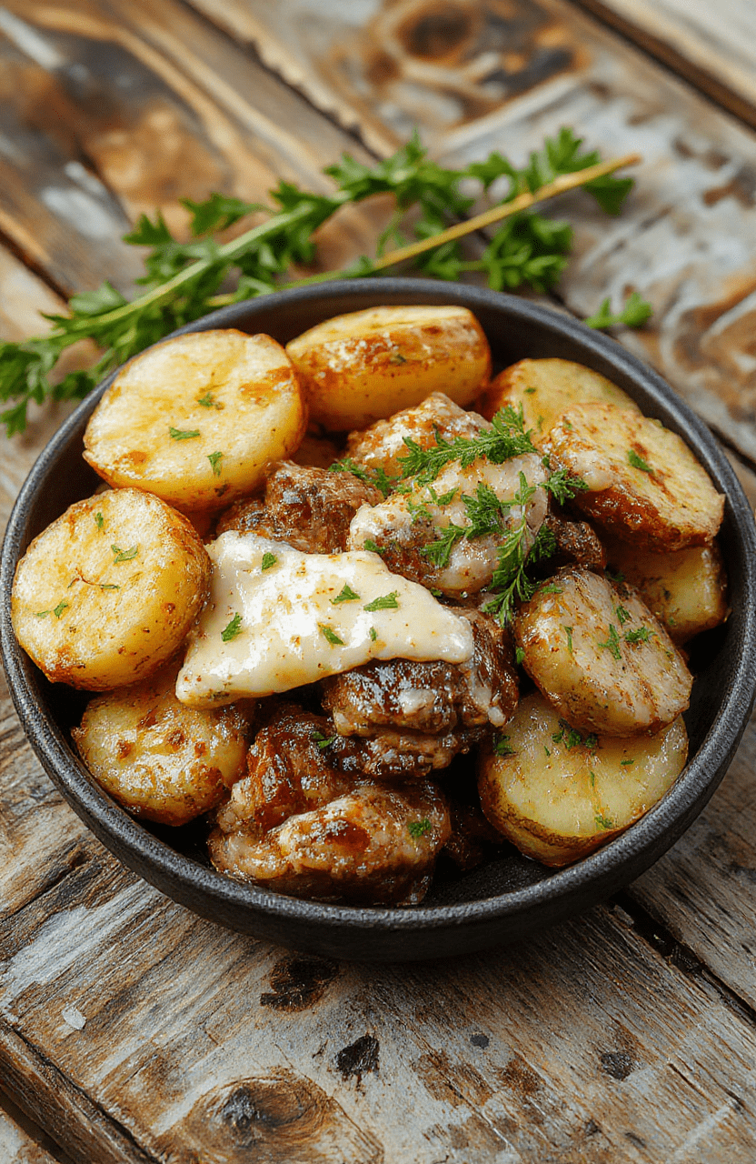 A plate of melt-in-your-mouth beef bites glazed in rich garlic butter, surrounded by golden roasted potatoes, garnished with fresh herbs, styled on a rustic wooden table with natural soft lighting.