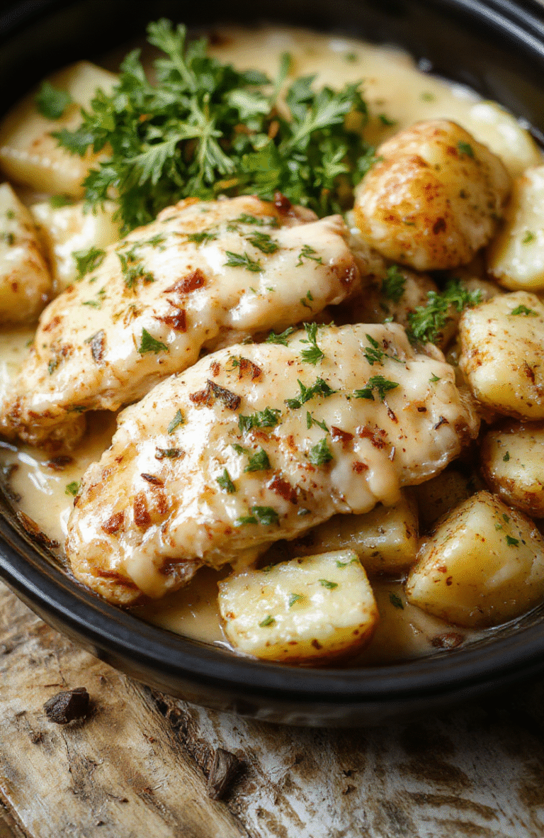 A warm, rustic plate featuring tender shredded chicken coated in creamy garlic parmesan sauce, surrounded by roasted golden potatoes, garnished with fresh parsley, all styled on a cozy wooden table with natural sunlight.