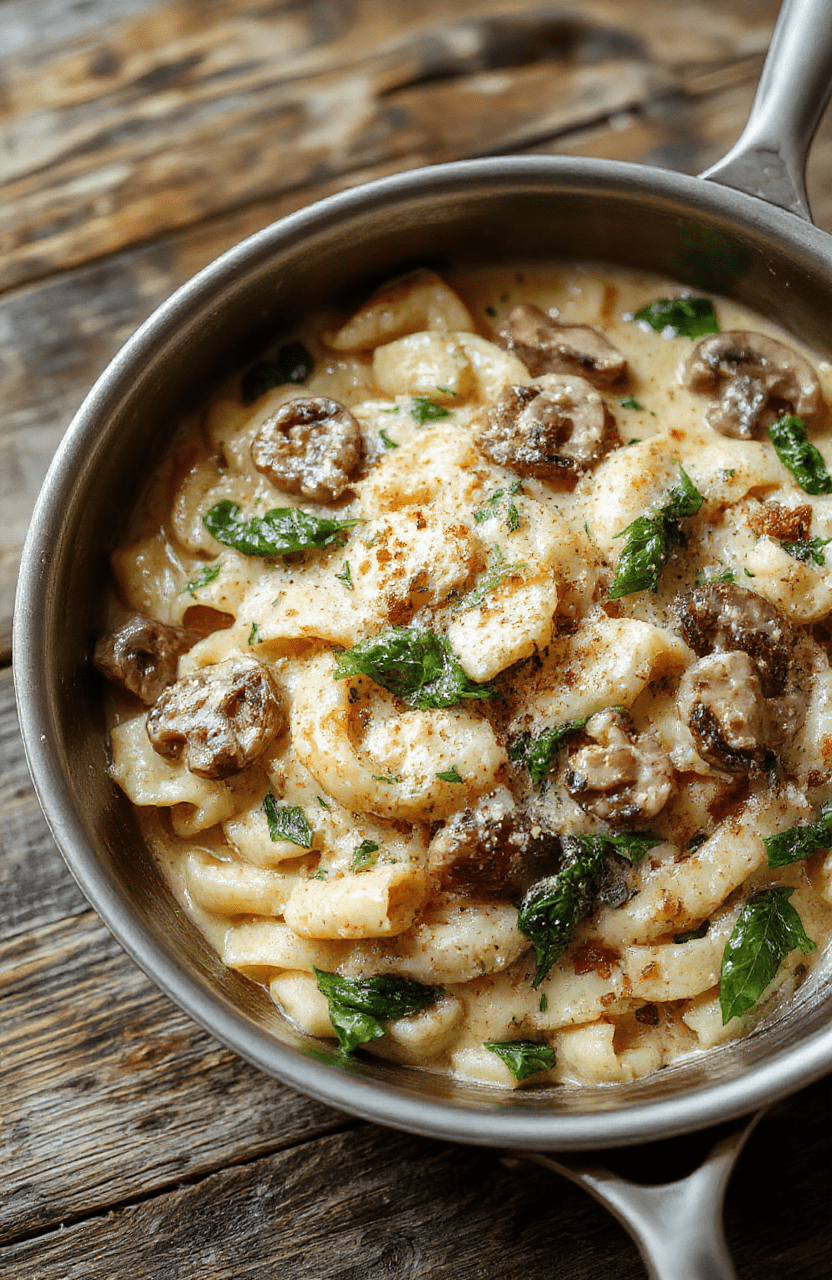 A vibrant skillet filled with creamy Parmesan spinach and mushrooms tossed with al dente pasta, garnished with freshly grated cheese and herbs, styled in a rustic setting with a wooden surface and natural light highlighting the textures and colors.