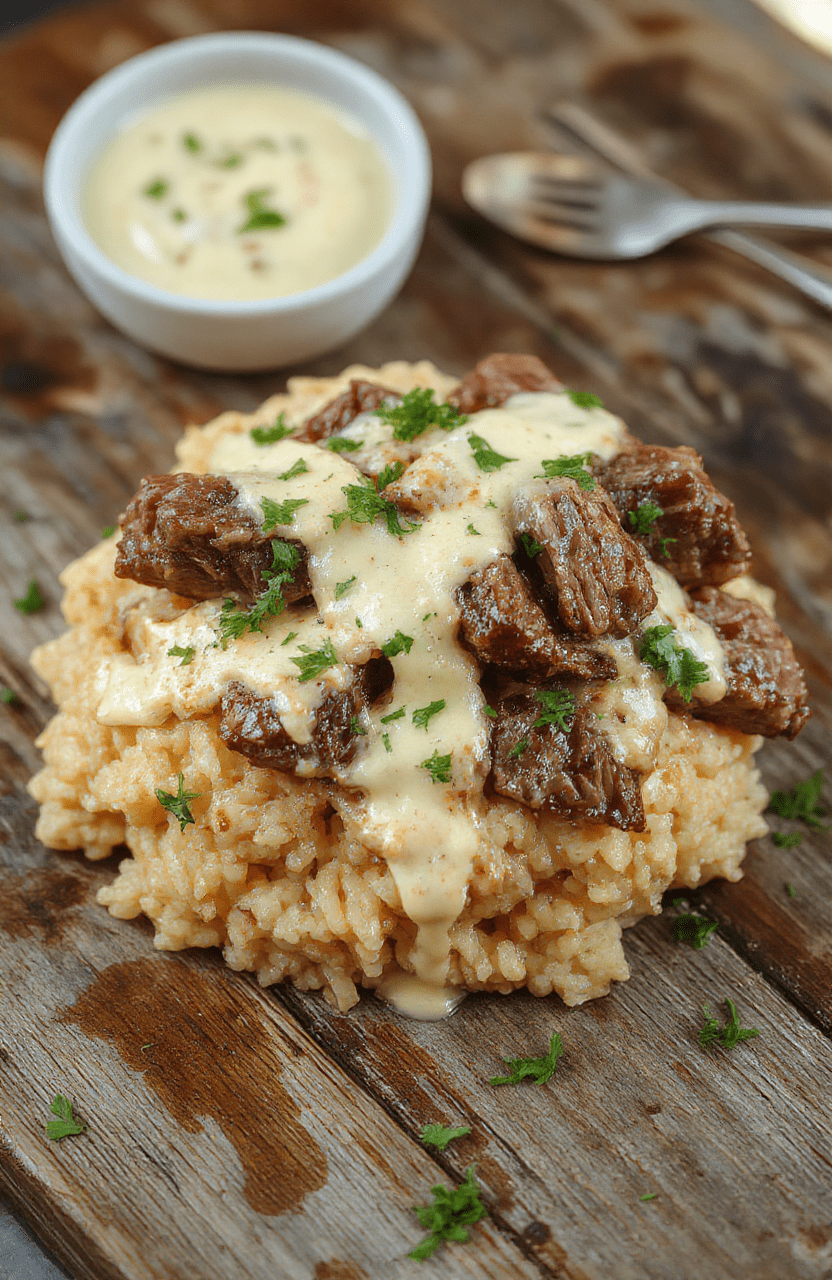 A vibrant plate showcasing fluffy creamy queso rice topped with tender juicy steak strips, garnished with chopped cilantro and a squeeze of lime for color and freshness, styled on a rustic wooden table with natural lighting emphasizing the textures and rich colors of the dish.