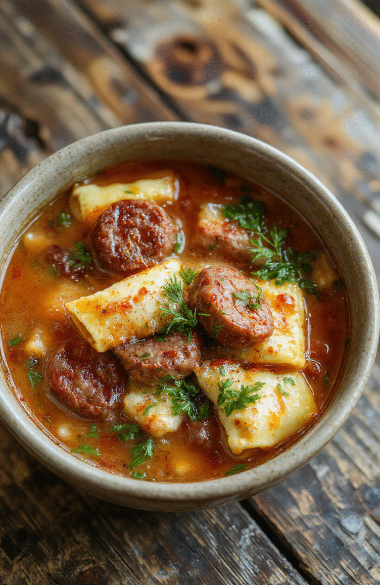 A bowl of creamy sausage and tortellini soup with chunks of sausage, vibrant green herbs, and melting cheese tortellini, served in a rustic bowl on a wooden table with a spoon, highlighting the rich textures and warm colors.