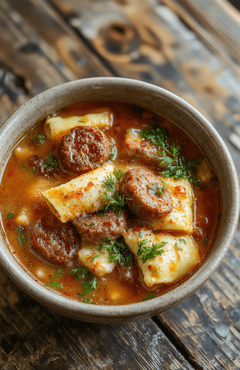 A bowl of creamy sausage and tortellini soup with chunks of sausage, vibrant green herbs, and melting cheese tortellini, served in a rustic bowl on a wooden table with a spoon, highlighting the rich textures and warm colors.
