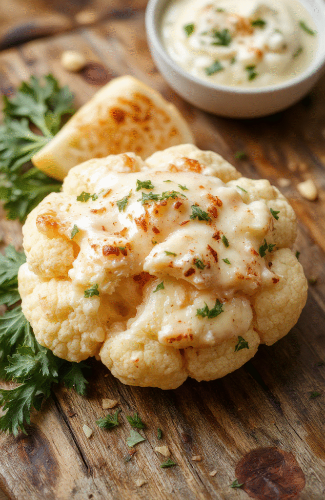 A vibrant plate featuring creamy cauliflower florets coated in a smooth, buttery vegan sauce, garnished with fresh herbs, served on a neutral ceramic plate with a soft rustic wooden background, textures highlight the tender cauliflower and rich sauce, styled with minimal decor to emphasize the dish's lusciousness and comforting appeal.