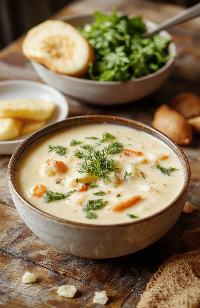 A vibrant bowl of creamy vegetable soup filled with colorful carrots, zucchini, and spinach, topped with a drizzle of cream and fresh herbs, styled on a rustic wooden surface with natural daylight highlighting the textures and colors.