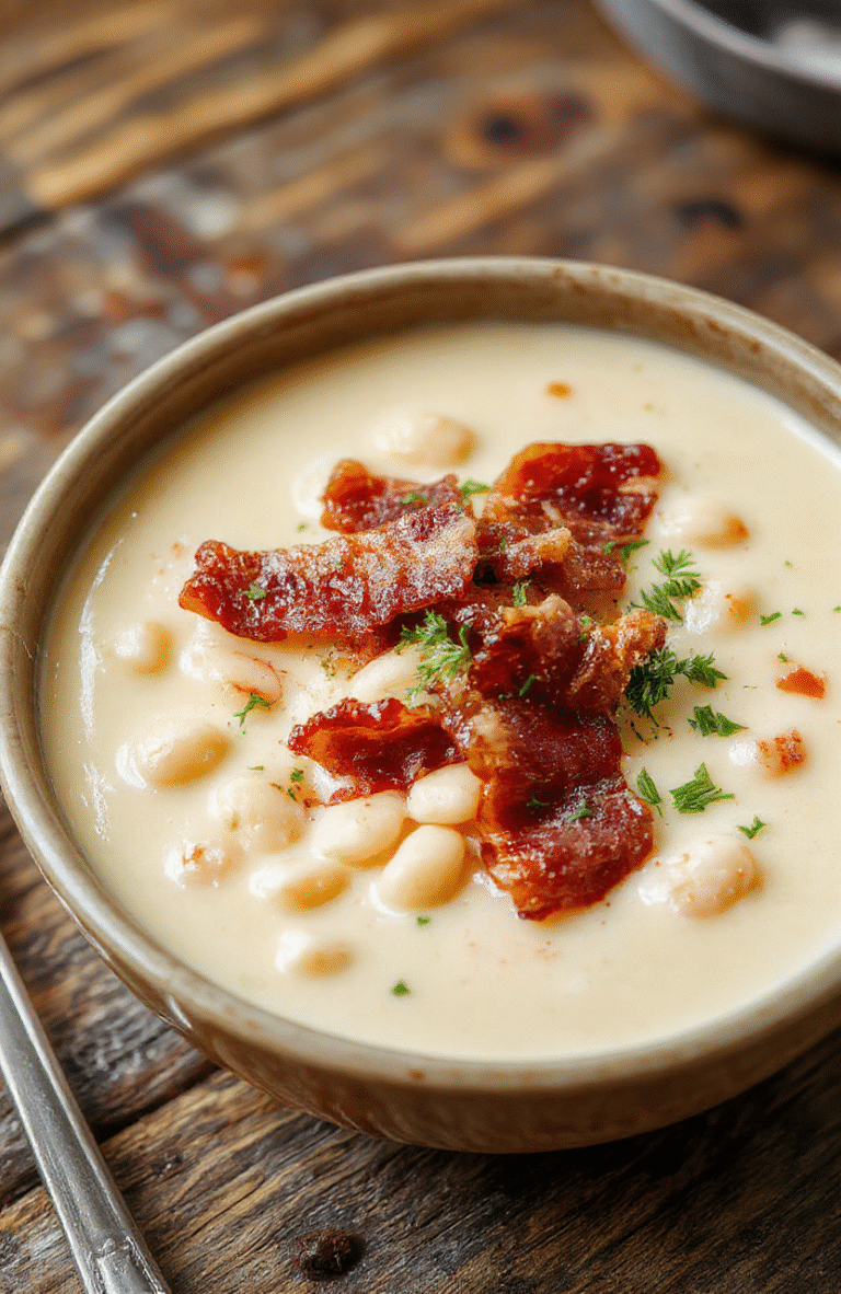 A steaming bowl of creamy white bean soup topped with crispy bacon pieces, garnished with fresh herbs, served in a rustic white bowl on a wooden table, with a side of crusty bread, inviting and warm in tone, with a rich, velvety texture and golden crispy bacon accents.
