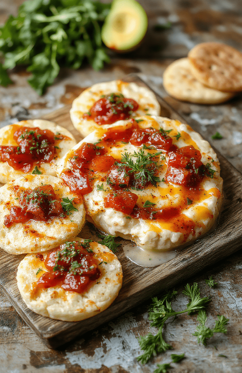 Vibrant red and green bruschetta dip topped with fresh basil, drizzled with balsamic glaze, served in a rustic white bowl on a wooden platter, accompanied by crusty bread slices, with a blurred background featuring a casual dining setting.