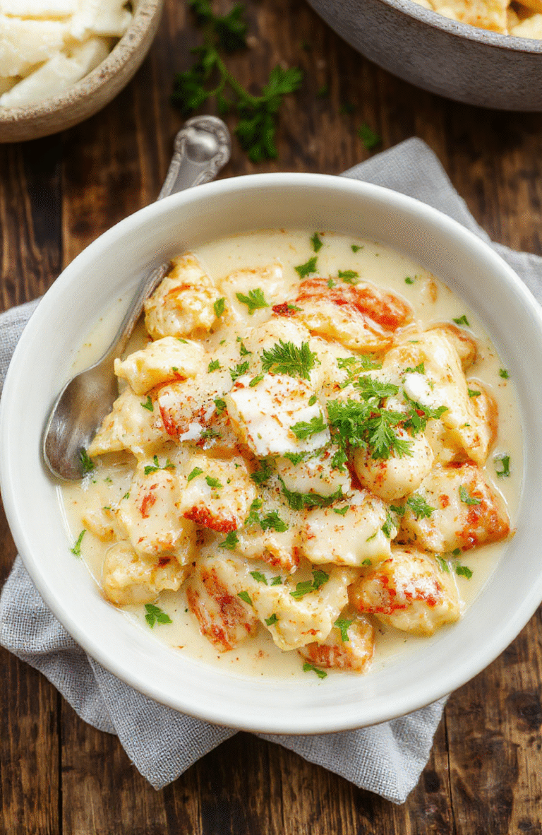 A creamy chicken Alfredo dish served in a white bowl, topped with freshly chopped parsley, featuring tender shredded chicken, fettuccine pasta coated in rich Alfredo sauce, with a sprinkle of Parmesan cheese. The background showcases a rustic wooden table with a linen napkin and a fork, emphasizing warm, comforting textures and inviting presentation.