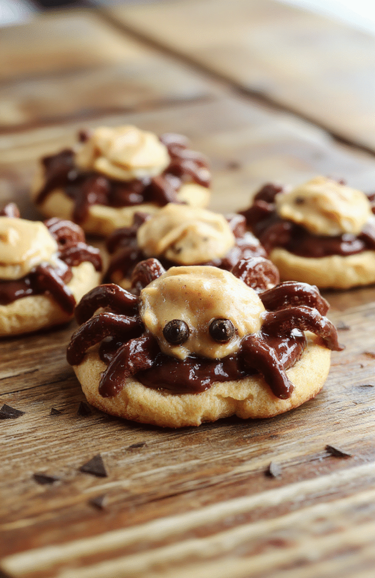 Colorful Halloween spider cookies beautifully displayed on a vibrant orange platter, featuring shiny peanut butter cookies topped with chocolate candy eyes and black licorice legs, textured with a glossy finish, styled simply with a fall-themed backdrop
