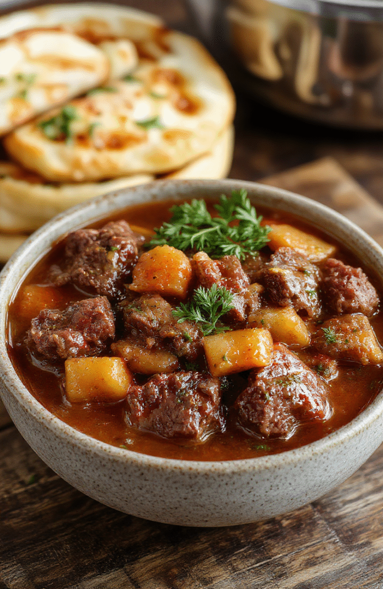 A rustic bowl of hearty beef stew with tender chunks of beef, carrots, potatoes, and onions in a rich gravy, garnished with fresh herbs, served on a wooden table with a cozy background.