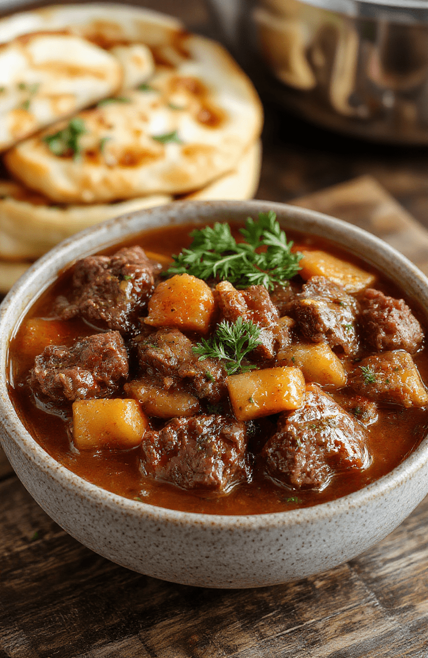 A rustic bowl of hearty beef stew with tender chunks of beef, carrots, potatoes, and onions in a rich gravy, garnished with fresh herbs, served on a wooden table with a cozy background.