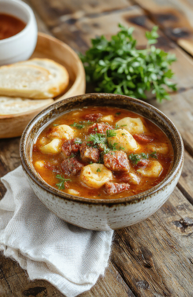 A vibrant bowl of Italian sausage tortellini soup featuring plump tortellini, sliced sausage, fresh herbs, and a rich broth, elegantly plated with a sprinkle of Parmesan on top, styled on a rustic wooden surface with soft natural daylight highlighting the textures and colors.