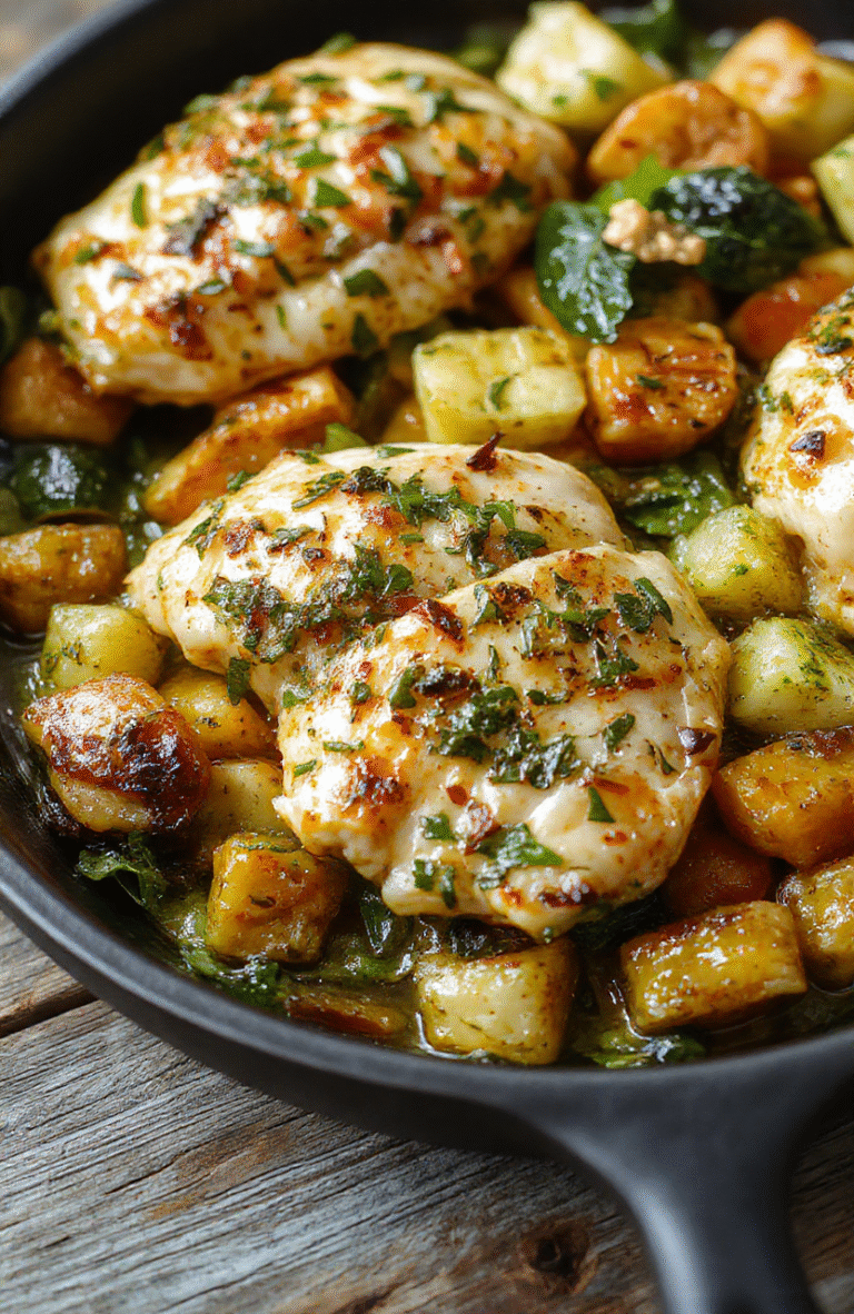 Colorful plate featuring golden roasted chicken pieces topped with vibrant green basil pesto, surrounded by roasted seasonal vegetables with a slight char, all arranged on a rustic wooden table with natural sunlight highlighting textures and fresh ingredients.