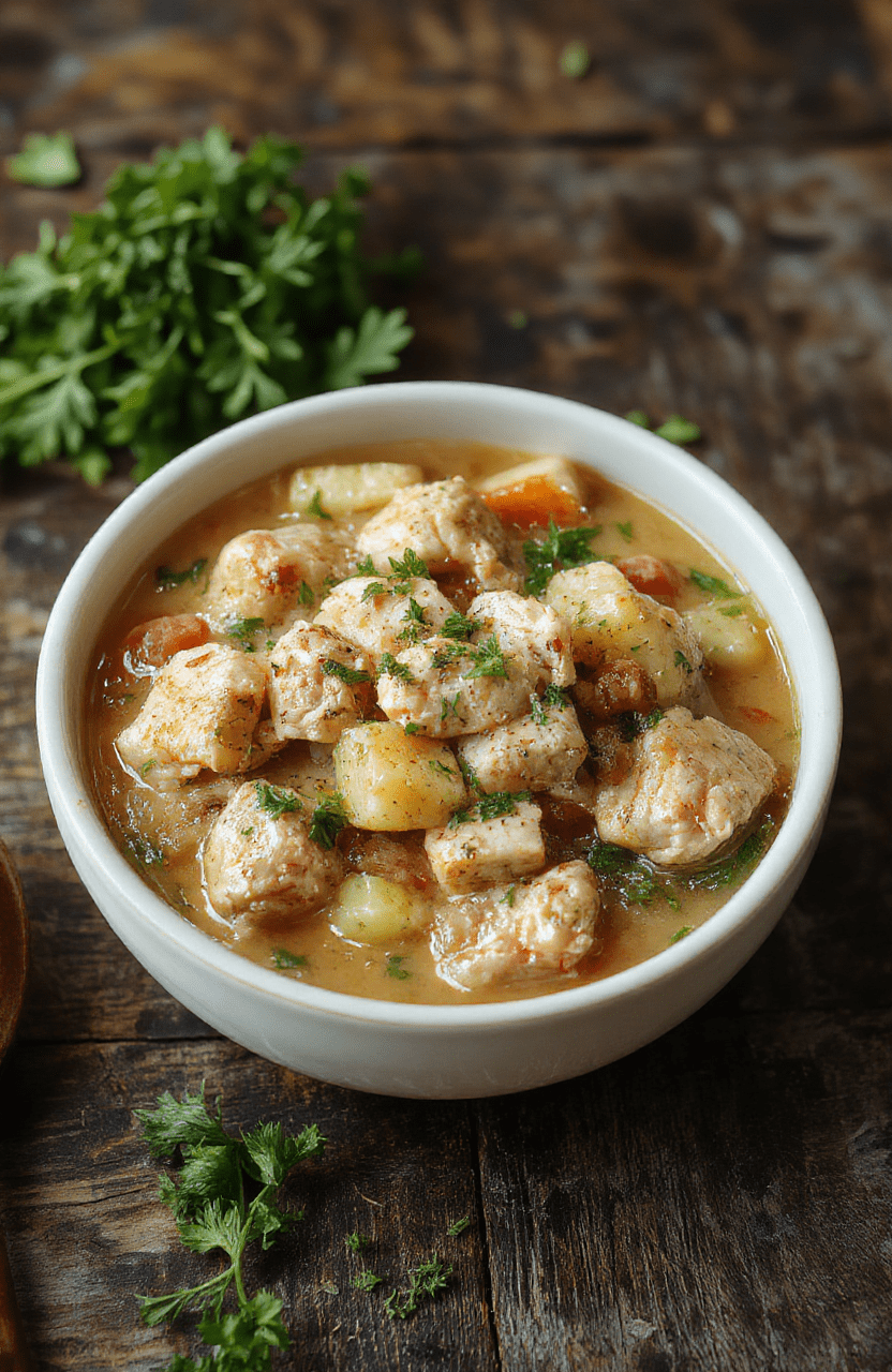A hearty bowl of chicken stew with tender chunks of chicken, vegetables, and herbs, served in a rustic white bowl on a wooden table, steam rising, warm and inviting colors, textured ingredients, styled simply with a spoon resting nearby.