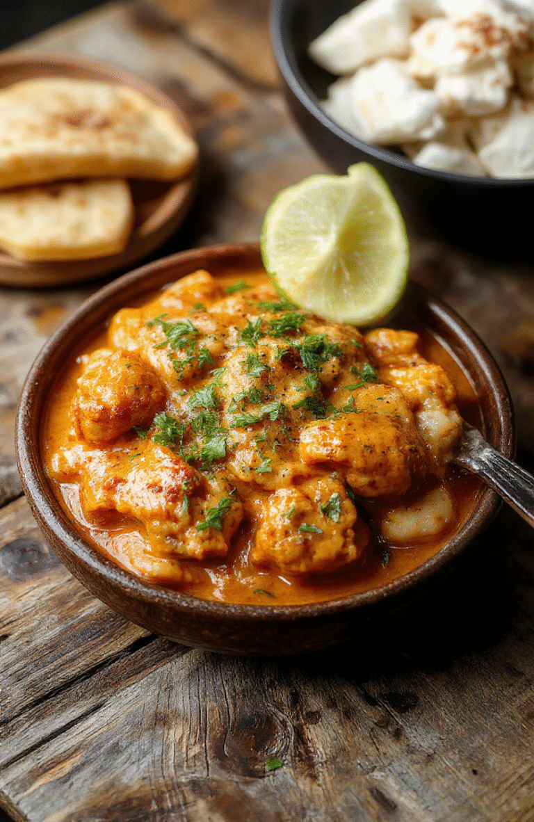 A vibrant plate of Indian butter chicken topped with fresh cilantro, creamy orange sauce, served with fluffy basmati rice on a rustic wooden table, garnished with naan bread and colorful spices.