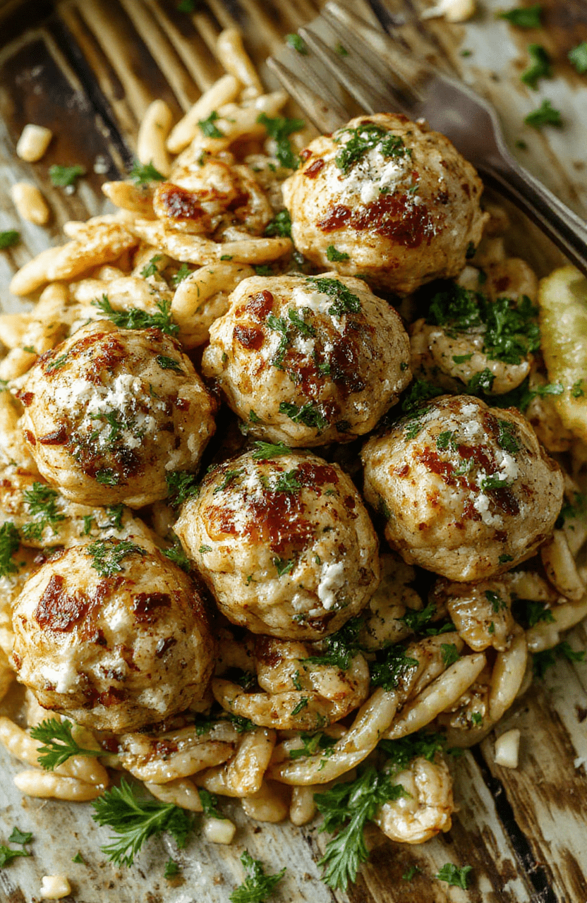 A vibrant plate of Greek chicken meatballs glazed with herbs, served alongside zesty lemon-infused orzo pasta, garnished with fresh herbs and lemon wedges, styled on a rustic wooden table with colorful accents, emphasizing textures and bright flavors.