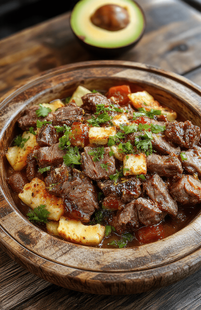 Colorful steak fajita bowl featuring vibrant sliced grilled steak, bell peppers, onions, fresh cilantro, and lime wedges on a rustic wooden plate with a drizzle of sauce, textures showcase juicy meat, crunchy peppers, and tender onions, styled simply for a fresh, appetizing look.