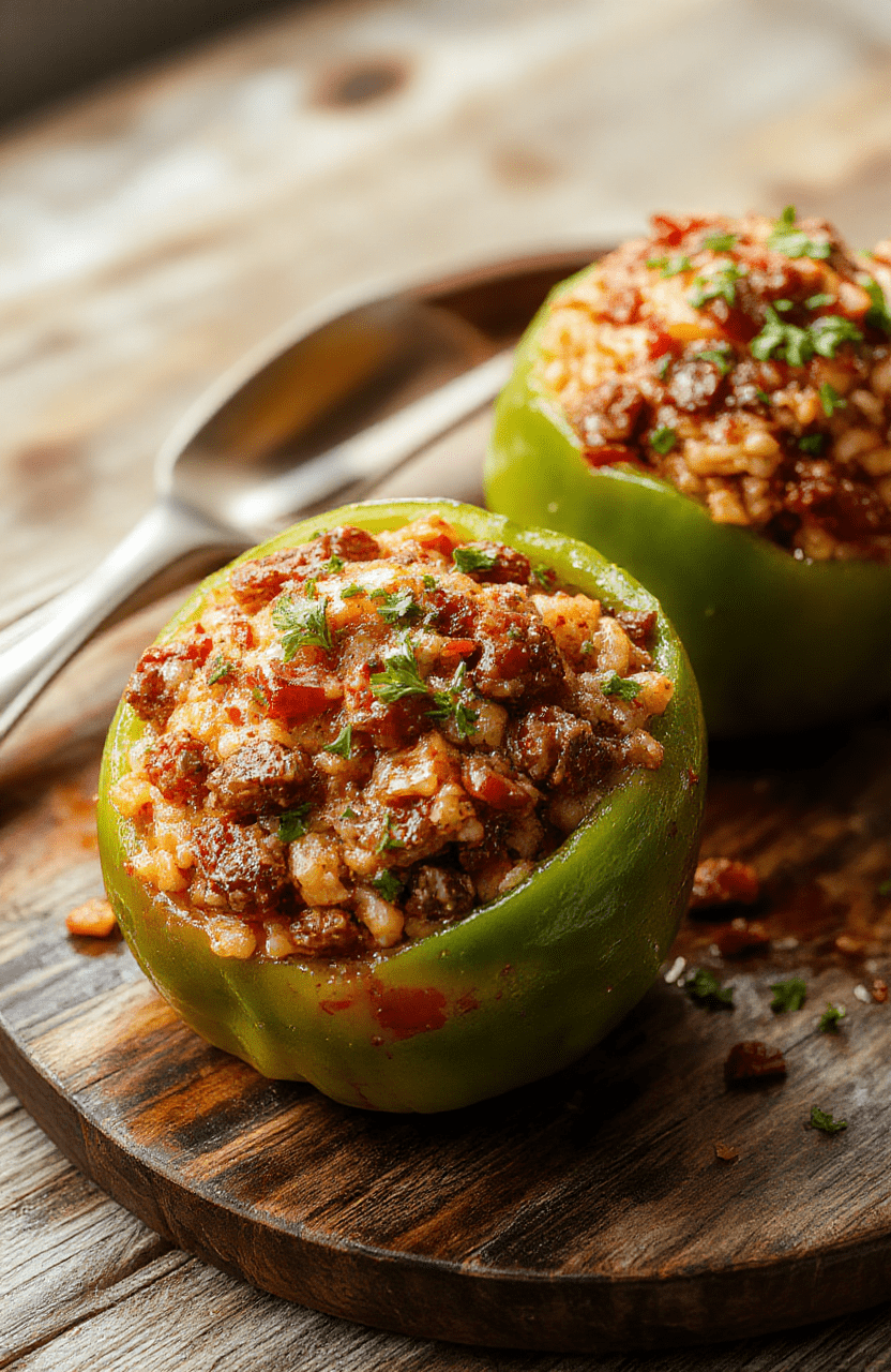 Colorful stuffed bell peppers filled with ground beef, rice, and melted cheese, arranged on a rustic wooden plate with fresh herbs, vibrant red, yellow, and green peppers contrasting with the creamy filling, styled simply for an appetizing appearance.