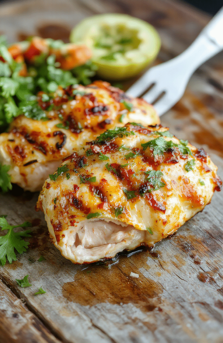 A vibrant plate featuring perfectly grilled chicken breasts topped with chunky salsa verde and melted pepper jack cheese, garnished with fresh cilantro and lime wedges, served on a rustic wooden table with a colorful background highlighting the zesty and cheesy textures