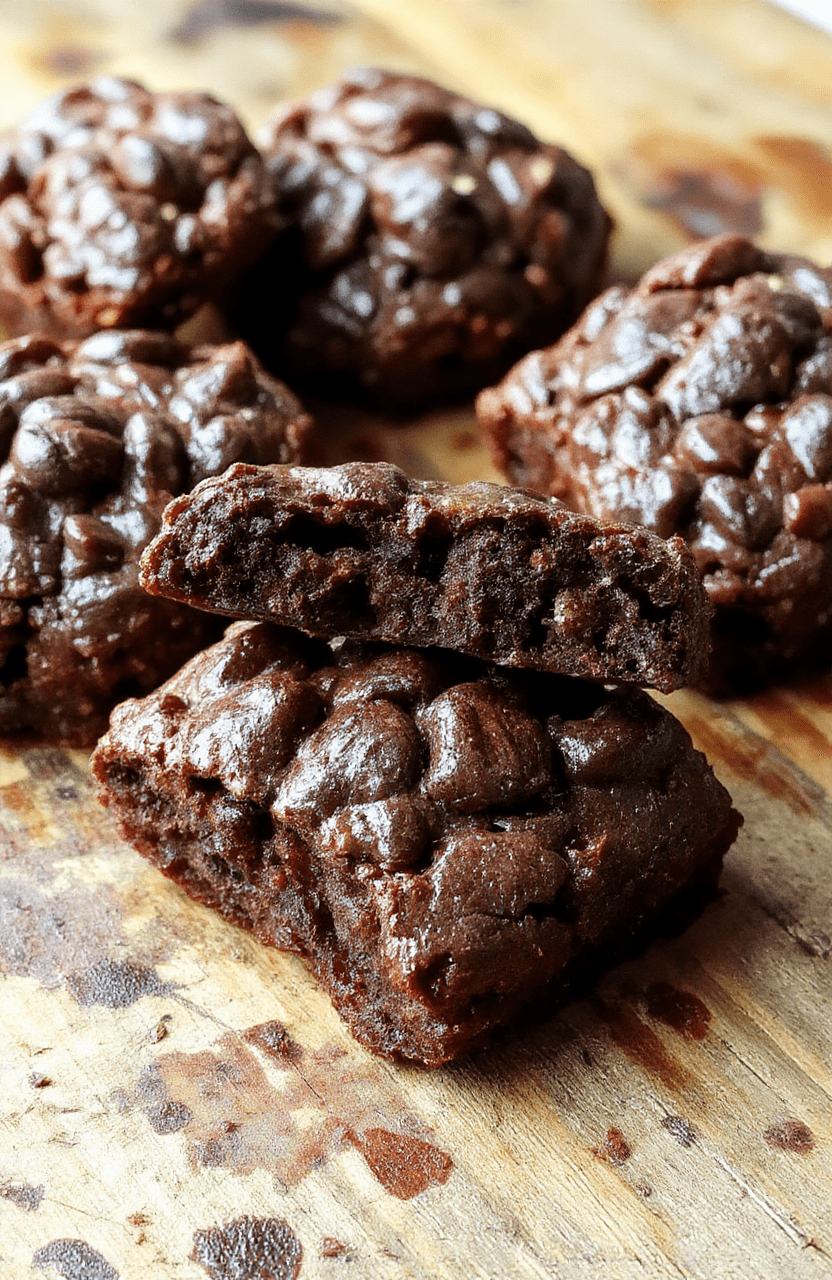 A close-up of fudgy, chewy brookies arranged on a rustic wooden board featuring layers of chocolatey brownie and cookie dough, with a slightly cracked glossy top, golden edges, and a soft, gooey interior visible. The scene is styled simply with natural daylight, emphasizing the rich, dark brown hues of the dessert, resembling an inviting homemade treat.