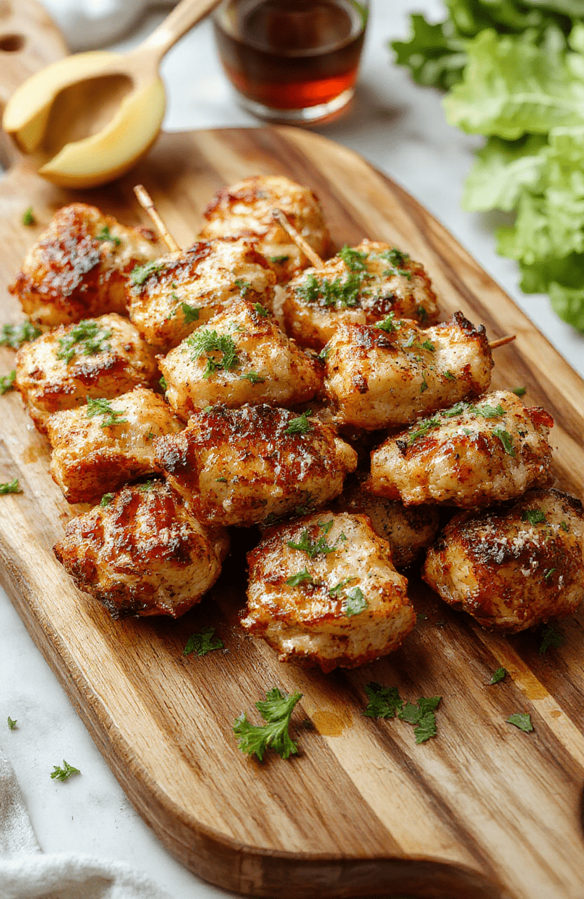 Colorful chicken skewers glazed with garlic Parmesan sauce, garnished with fresh herbs, served on a rustic wooden platter, with a backdrop of vibrant vegetables and a hint of olive oil.