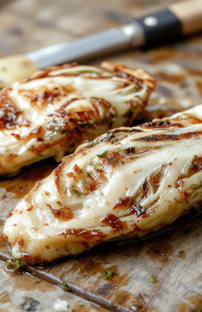 A close-up of vibrant caramelized garlic roasted cabbage steaks arranged on a white plate, garnished with fresh herbs, showcasing crispy edges and tender inside, set against a neutral wooden background, styled simply for a rustic appeal.
