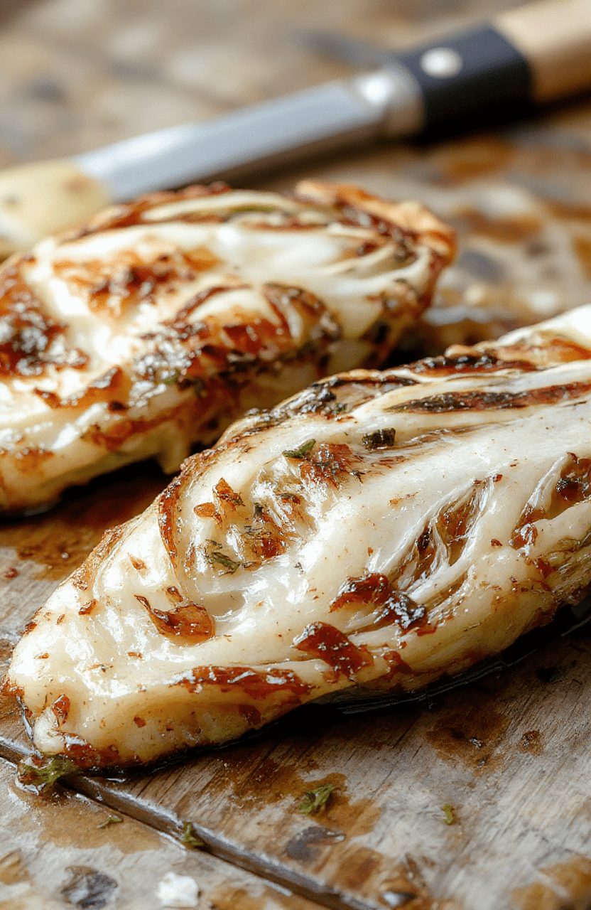A close-up of vibrant caramelized garlic roasted cabbage steaks arranged on a white plate, garnished with fresh herbs, showcasing crispy edges and tender inside, set against a neutral wooden background, styled simply for a rustic appeal.