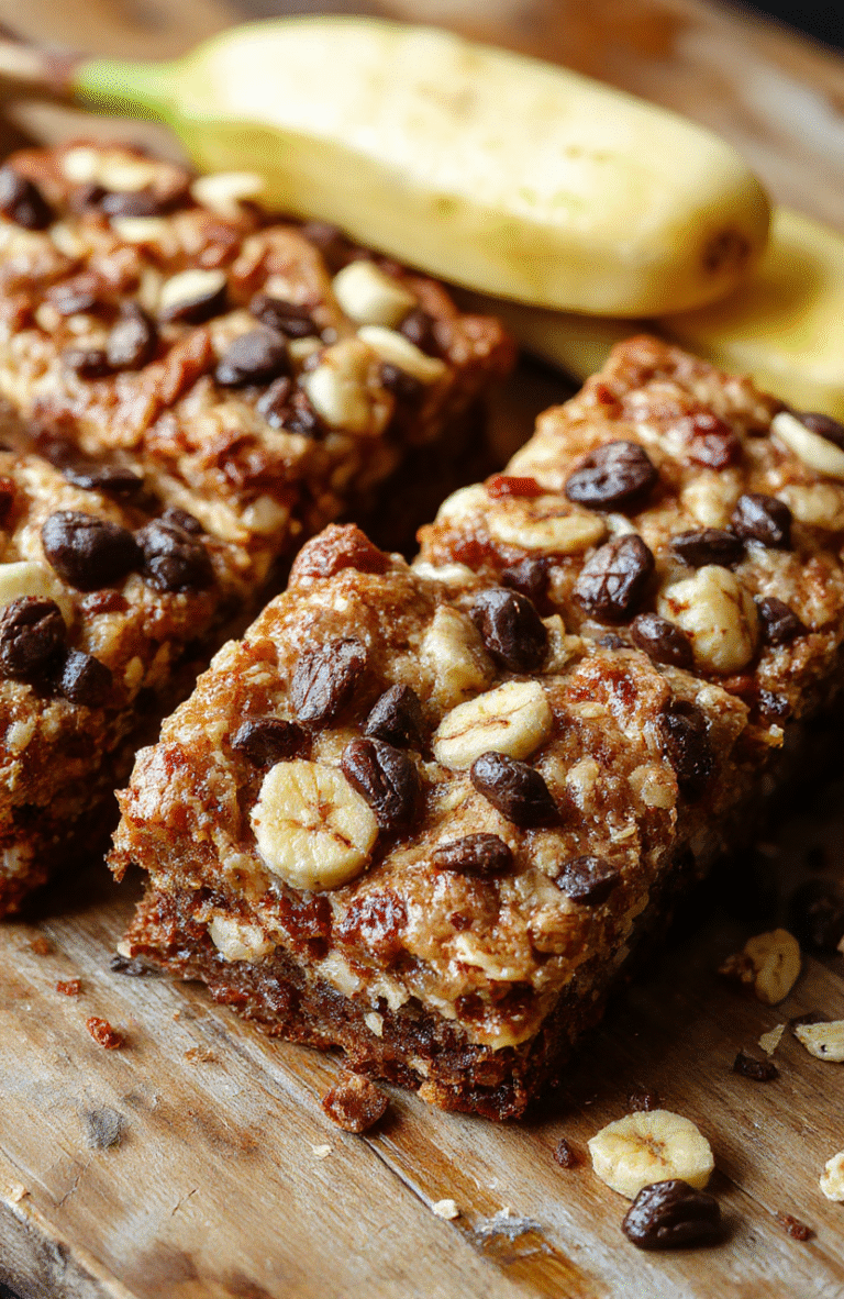 Colorful banana oatmeal bars arranged on a rustic wooden platter, showcasing their golden-brown crust and chunky banana pieces peeking through, with scattered oats and banana slices as background accents, styled casually with a natural, inviting aesthetic.