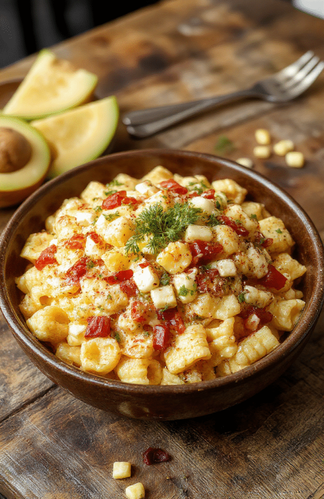 Vibrant bowl of street corn pasta salad with charred corn, cherry tomatoes, fresh cilantro, and creamy dressing, styled casually on a rustic wooden surface, colorful ingredients in focus, light natural daylight, appealing texture details.