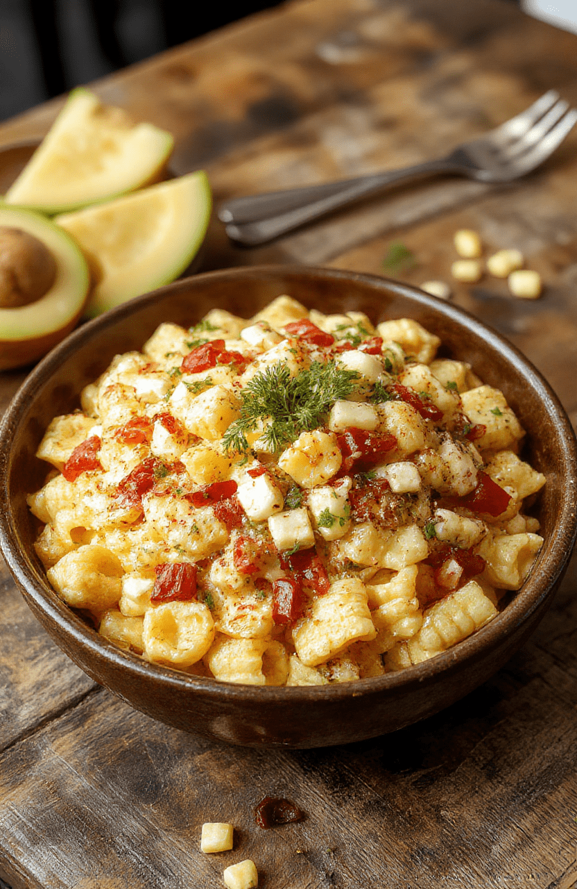 Vibrant bowl of street corn pasta salad with charred corn, cherry tomatoes, fresh cilantro, and creamy dressing, styled casually on a rustic wooden surface, colorful ingredients in focus, light natural daylight, appealing texture details.
