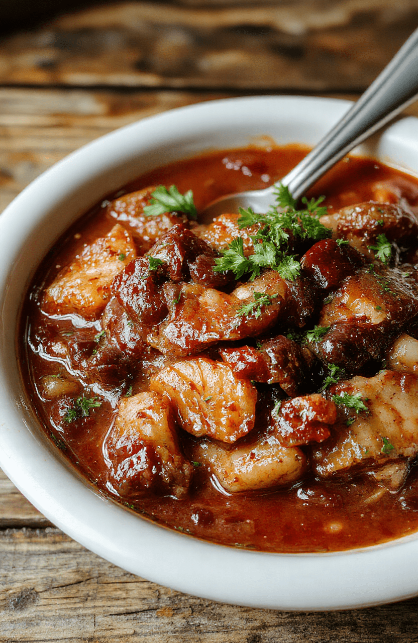 A vibrant bowl of cowboy stew featuring chunks of beef, beans, corn, and vegetables in a rich, savory broth, garnished with fresh herbs on a rustic wooden table.
