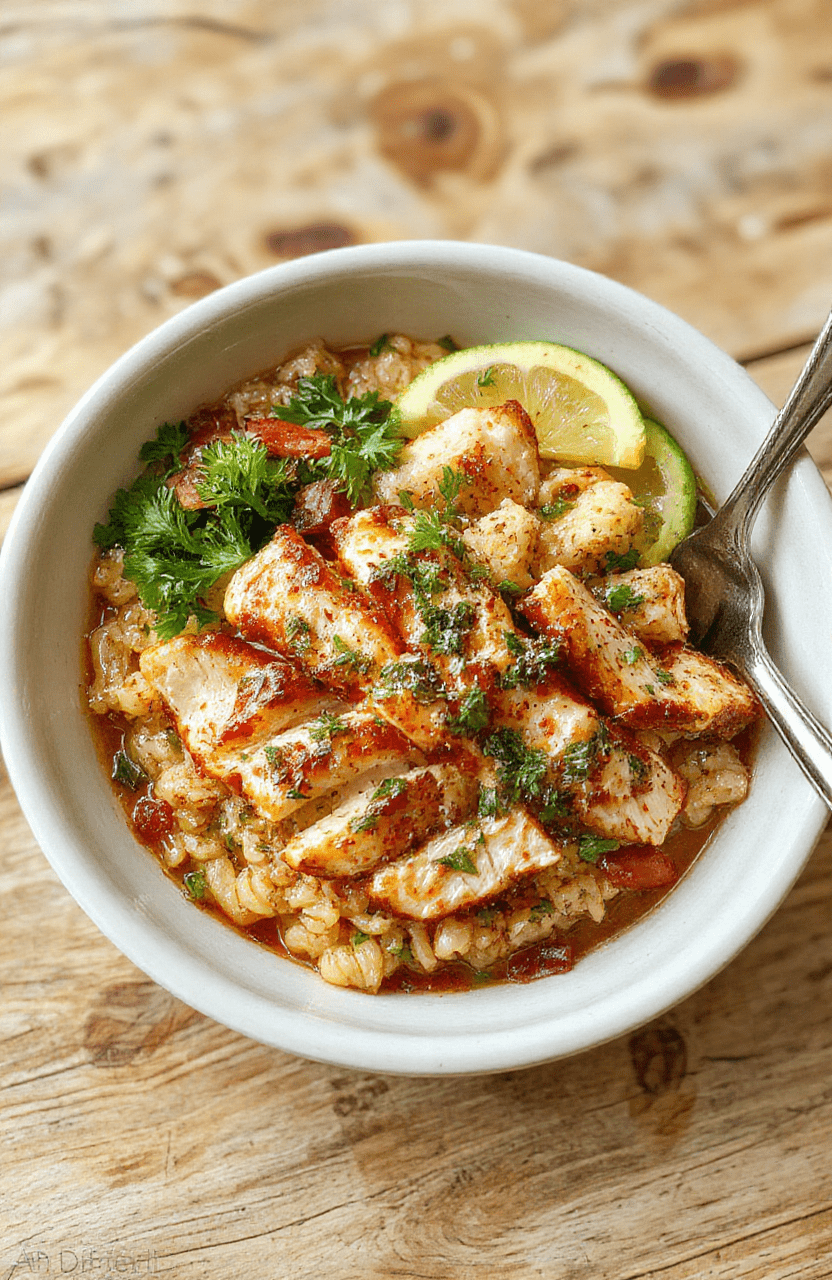A vibrant plate of chicken orzo pasta salad featuring tender grilled chicken slices, al dente orzo with colorful bell peppers and fresh herbs, served on a rustic white plate with a sprinkle of parmesan, styled with a sprig of basil, in natural daylight with soft shadows