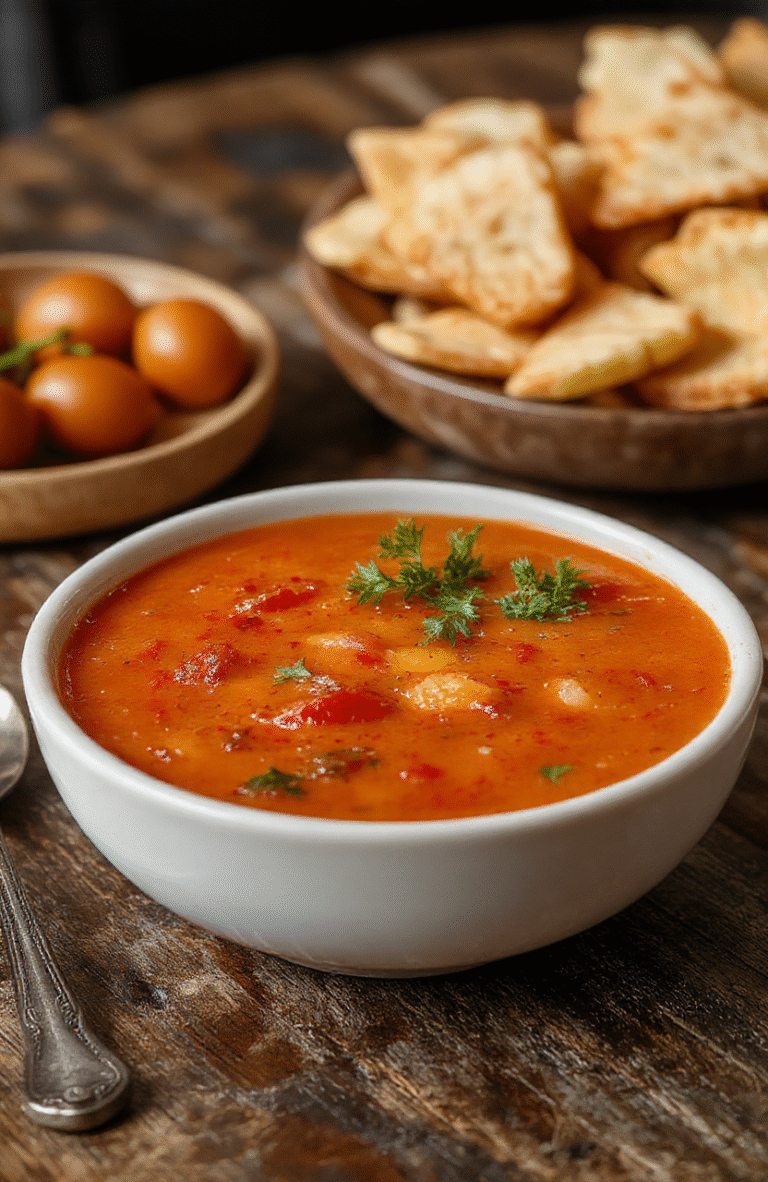 A vibrant red bowl of homemade tomato soup garnished with fresh basil leaves, served on a rustic wooden table with a linen napkin, topped with a swirl of cream, showcasing a smooth and luscious texture, inviting and warm.